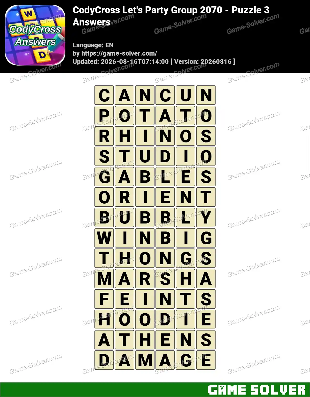 CodyCross Let’s Party Group 2070 – Puzzle 3 Answers